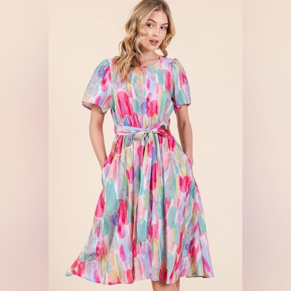 **Lime 'N' Chili Watercolor Midi Dress with Pockets & Tie Waist Sz Large